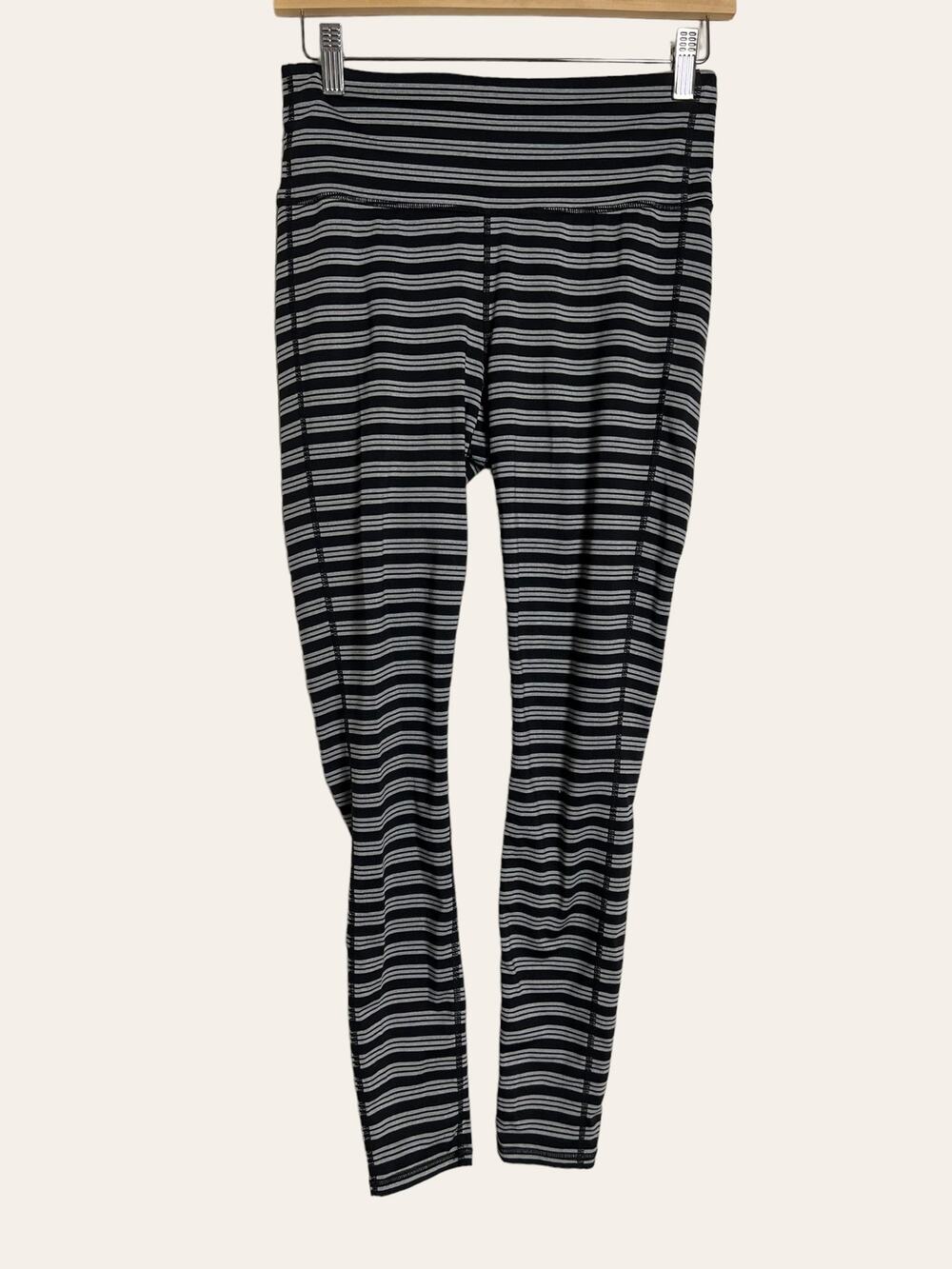 Athleta Black Silver Chaturanga Striped Workout Leggings Size M